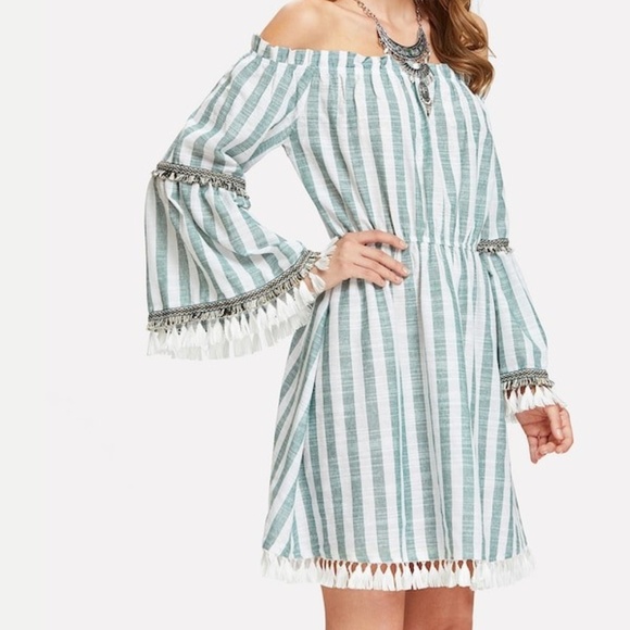 The Shepherd's Knot Dresses & Skirts - New Cotton Boho Fringe Stripe Dress Green White XS